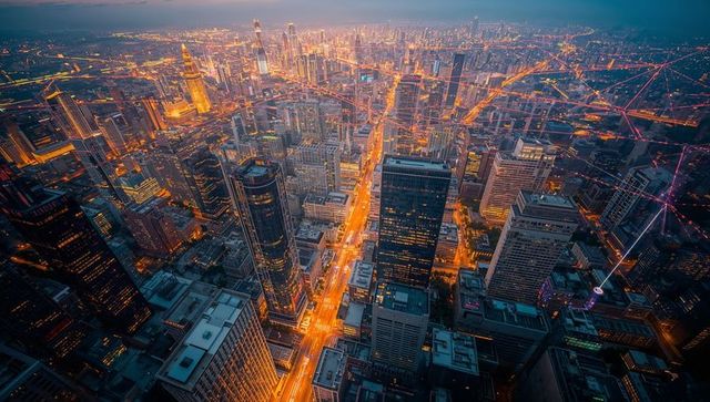 Futuristic cityscape with digital network overlay at dusk