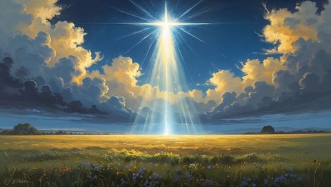 Ethereal god-like light beam over golden meadow at dusk