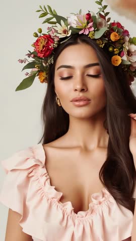 Tilting Head Model Touching Flower Crown Lifting Gaze Vertical Beauty Video