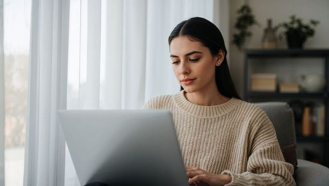 Young woman typing on laptop in cozy living room, daylight remote work and study