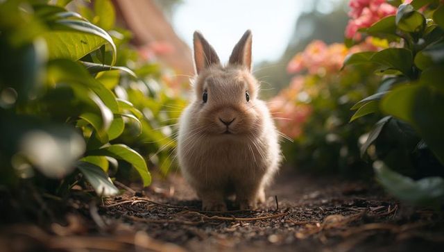 Sunlit garden bunny standing on dirt path with fluffy fur and pink flower borders