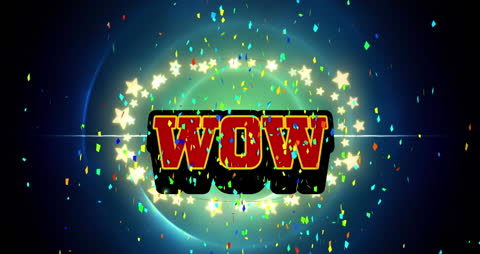 Digital Wow Text with Starry Background and Colorful Confetti