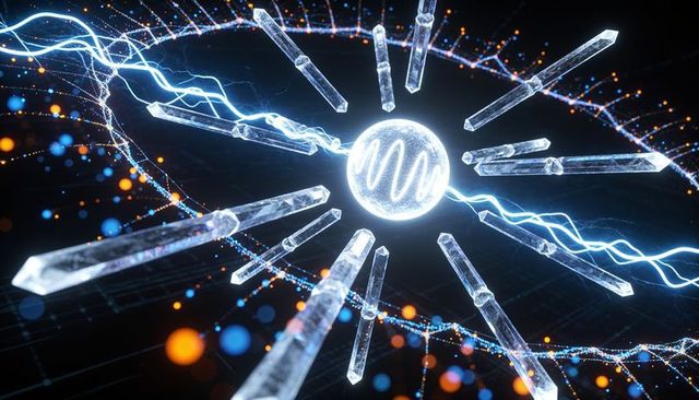 Pulsating futuristic sphere emitting electric arcs, orbiting crystal rods and data helix