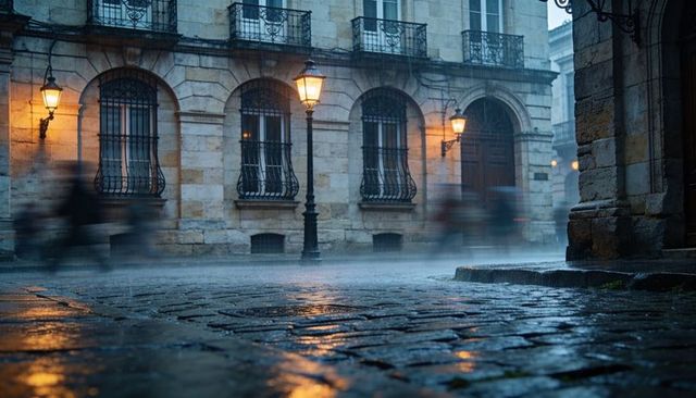 Rain-soaked cobblestone reflecting warm lamplight on historic european street at dusk
