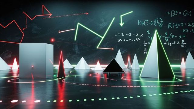 Futuristic geometric room with holographic projections and neon lights