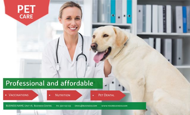 Smiling Veterinarian with Dog Promoting Trusted Pet Healthcare Services - Download Free Stock Templates Pikwizard.com