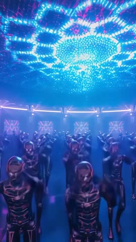 Futuristic Neon-Suited Dancers Performing Under Pulsing LED Canopy Vertical Music Video