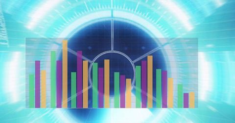 Futuristic HUD Displaying Translucent Vertical Bar Chart Over Radial Digital Interface