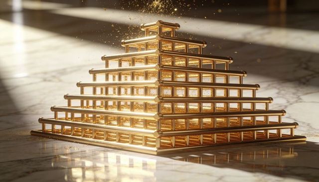 Shining stepped gold lattice pyramid reflecting on marble floor with floating gold dust