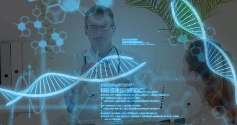 Doctor Analyzing Holographic DNA in High-Tech Medical Clinic