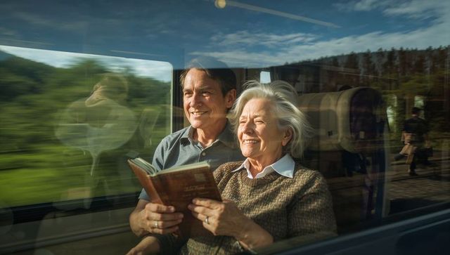 Sunlit senior couple reading together on train, warm travel companionship cozy journey
