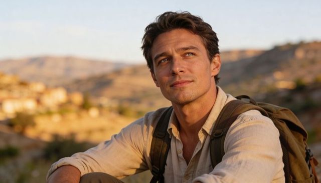 Sunlit hiker gazing over golden dry hills with backpack, contemplative young man solo travel