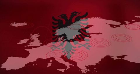 Albanian eagle overlaying europe map with red target rings and geopolitical infographic