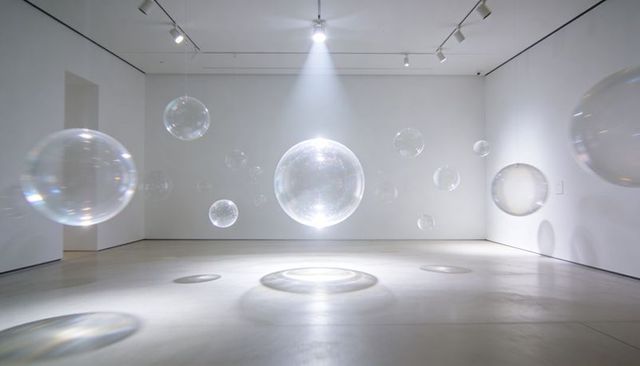 Hovering Crystal Orb Installation Casting Iridescent Light Across Minimal Gallery Space