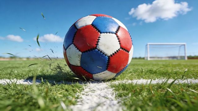 Worn red white blue soccer ball sitting on white line with goal in sunlit football pitch
