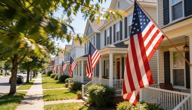 Waving american flags lining porches on treelined suburban street celebrating patriotism