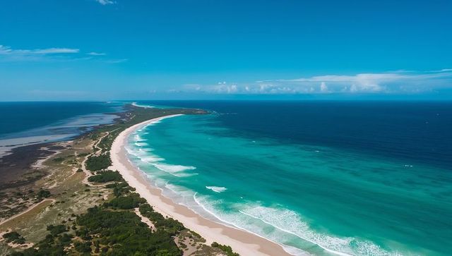 Revealing long curved turquoise coastline stretching into horizon from aerial perspective