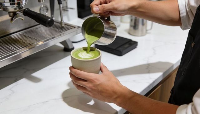 Barista pouring matcha latte art into ceramic cup on marble counter