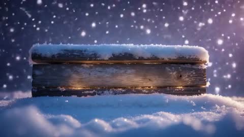 Wooden Bench in Snow with Amber Glow and Falling Snowflakes