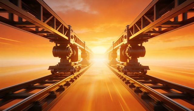 Converging steel tracks carrying twin truss gantries heading toward golden horizon at sunset