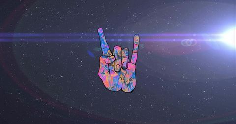 Psychedelic rock hand gesture in cosmic starfield