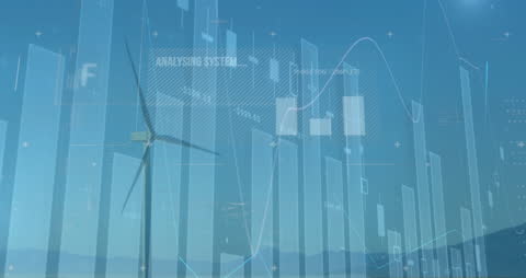 Abstract Digital Environment with Wind Turbine and Financial Data Graphics
