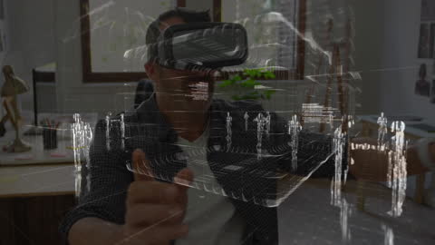 Man Using VR Headset with Virtual Data Projection