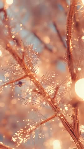 Vertical video panning along metallic branch filaments glowing and revealing golden bokeh orb