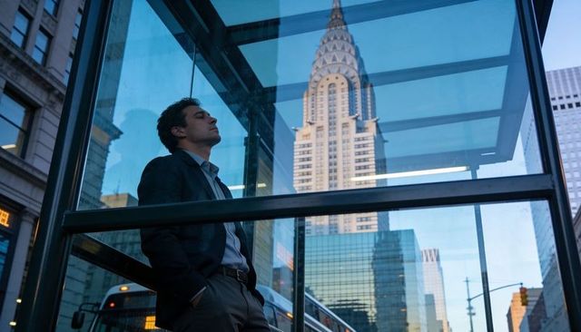 Leaning businessman watching chrysler building through glass bus shelter during commute