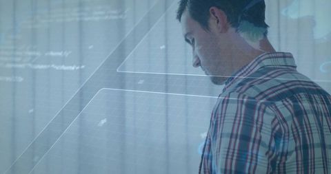 Engineer Interacting with High-Tech Holographic Interface