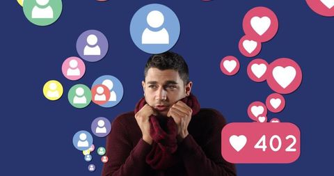thoughtful man surrounded by social media icons - Download Free Stock Images Pikwizard.com