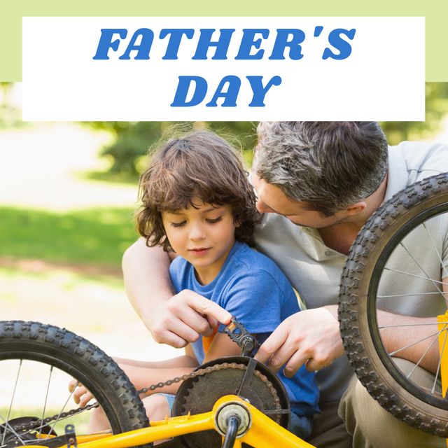 Image showcases a father teaching his young son how to fix a bike outdoors. Great for Father's Day promotions, family bonding advertisements, educational materials on mechanical skills, childhood memories keeping traditions.