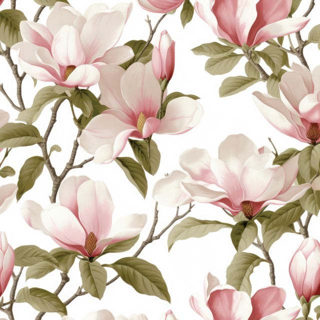 Seamless pattern featuring pink magnolia flowers and green leaves against a white background. Ideal for use in home decor, as wallpaper, textile design, or spring-themed backgrounds. Creates an elegant and vintage aesthetic suitable for various creative projects.