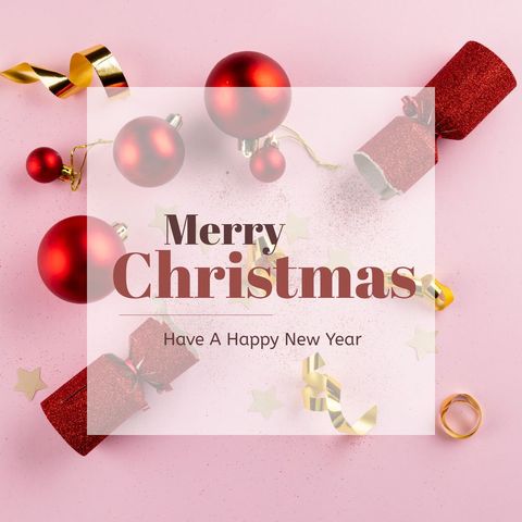 Festive christmas greeting card with red baubles and party crackers