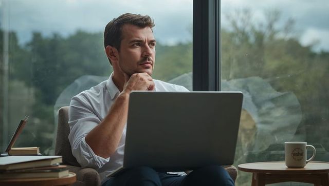 Thoughtful professional working on laptop by large window with coffee and notebooks