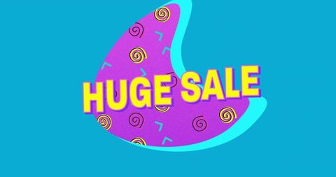 Neon retro huge sale badge featuring purple abstract blob and turquoise backdrop