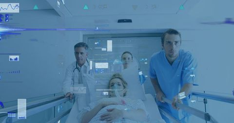 Healthcare Team Rushing Patient with Financial Data Overlay