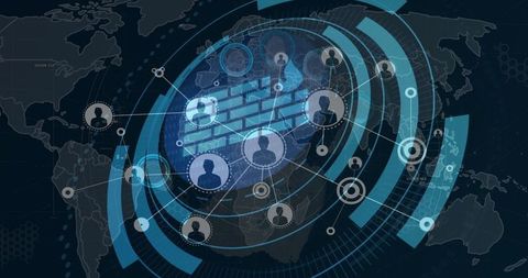 Global cybersecurity network with user nodes and firewall icon