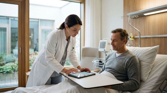 Clinician reviewing touchscreen tablet with male patient at bedside in hospital room