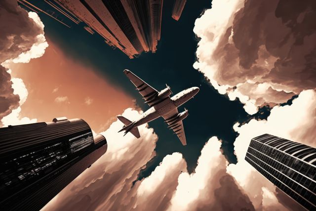 Airplane flying high above modern city skyscrapers under a dramatic cloudy sky. Perfect for travel promotions, urban lifestyle themes, and aviation-related content.