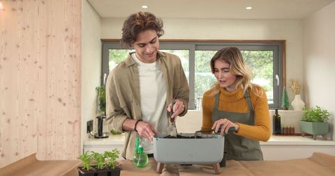 Friends Potting Seedlings Together in Cozy Kitchen Setting