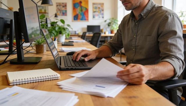 Focused man working on laptop and reviewing reports at open-plan wooden desk, productivity