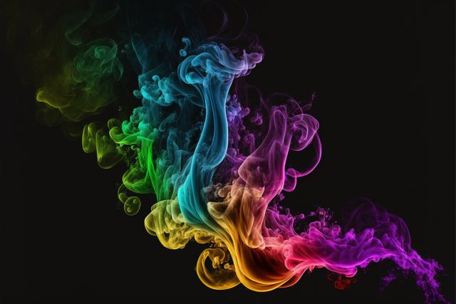 Multicolored smoke swirls gracefully against a black background, creating a stunning abstract art piece. Ideal for use in creative projects, background designs, graphic illustrations, and promoting artistic expression.