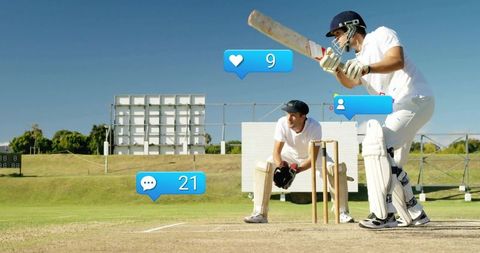 Cricketers with Social Media Icons on Field Displaying Interaction and Engagement
