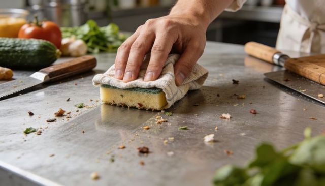 Chef hand wiping stainless steel countertop with sponge wrapped in cloth, kitchen hygiene