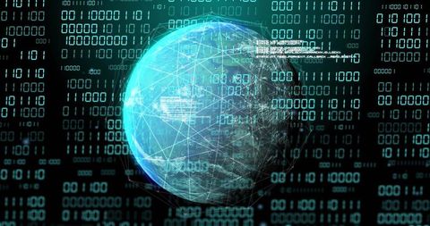 Holographic Cyber Globe with Binary Code Overlay and Network Mesh Visualization