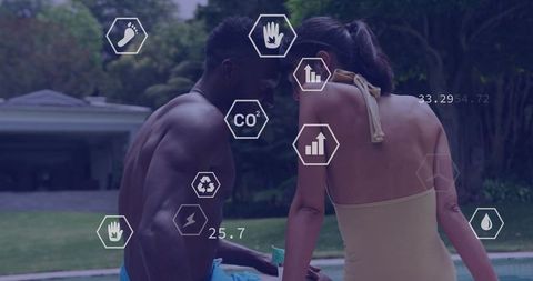 Couple Relaxing by Pool with Futuristic Fitness Metrics Overlay