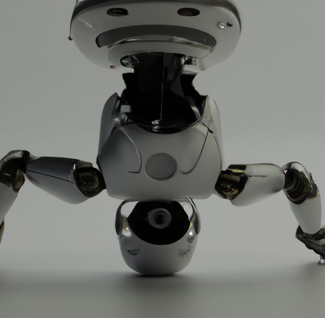 Image of front view of white robot on it's head with copy space on grey background. Artificial intelligence and robots concept.