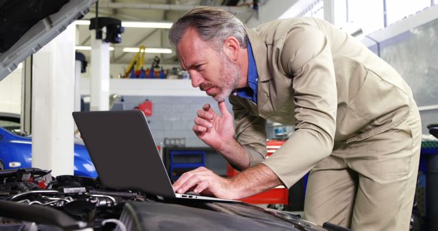 Experienced mechanic diagnosing car engine using laptop - Download Free Stock Images Pikwizard.com