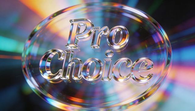 Glowing transparent medallion catching colored light showing embossed pro choice text prism